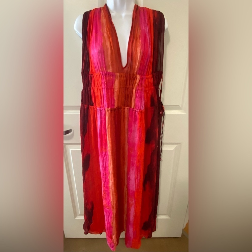 Zara NWT Sunset Tie Dye Pink & Red Beaded Abstract Kaftan Coverup Dress